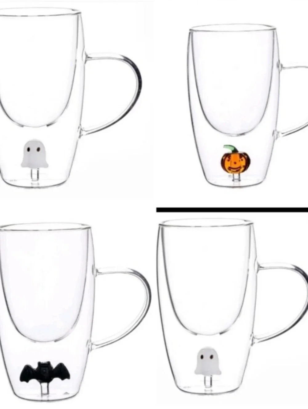 4 For $35! Halloween Glass Double-Wall Clear Mugs 11.5oz Set Of 4 - New In Box!